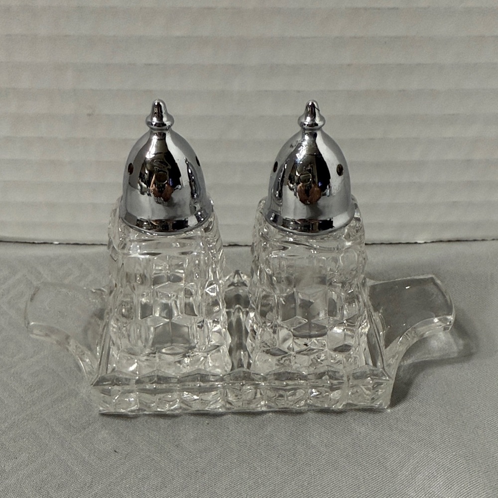 Vintage Crystal Fostoria American Pattern Mini Salt and Pepper Shakers with Tray